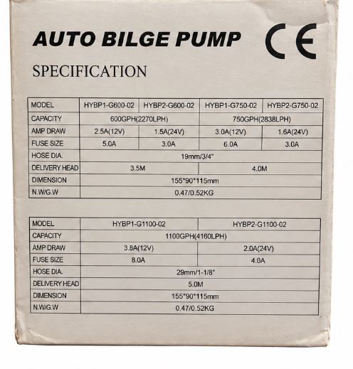 BILGE PUMP 12V 600GPH